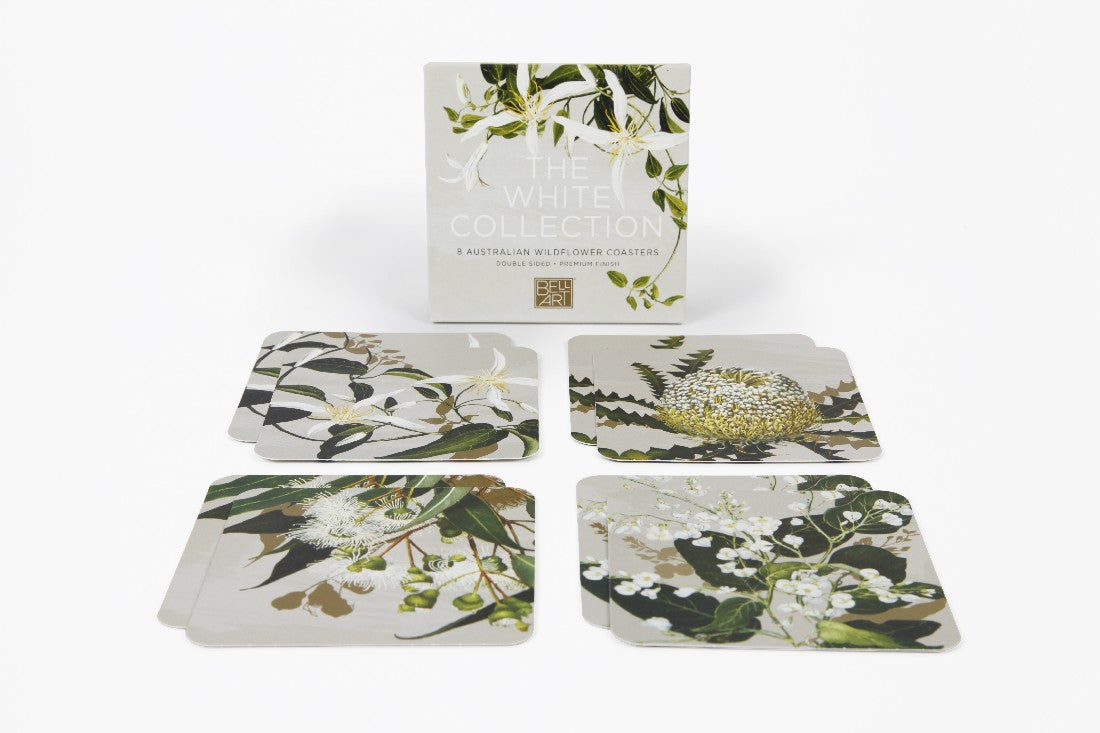 COASTER SET OF 8 NATIVE FLORA WHITE COLLECTION